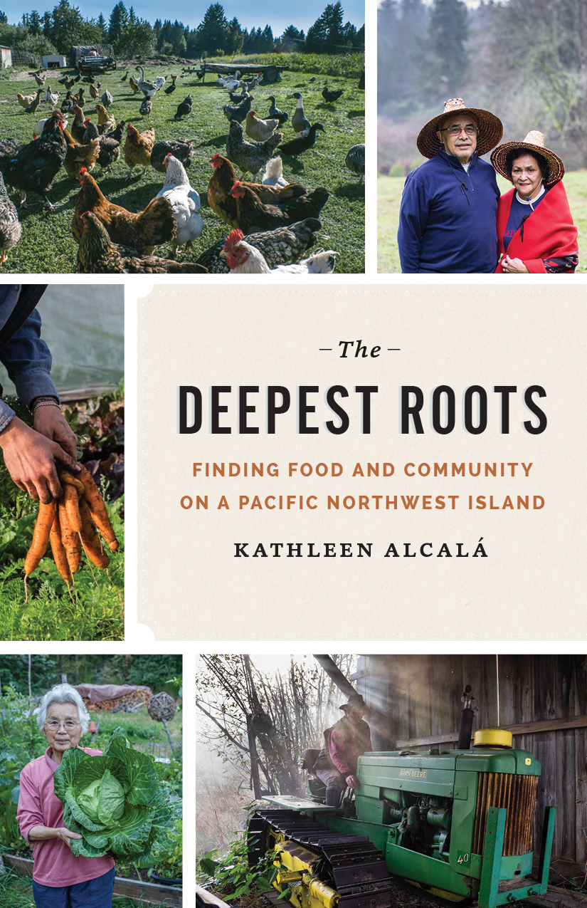 Cover of Kathleen's most recent book, with multiple images of vegetables, chickens, and people